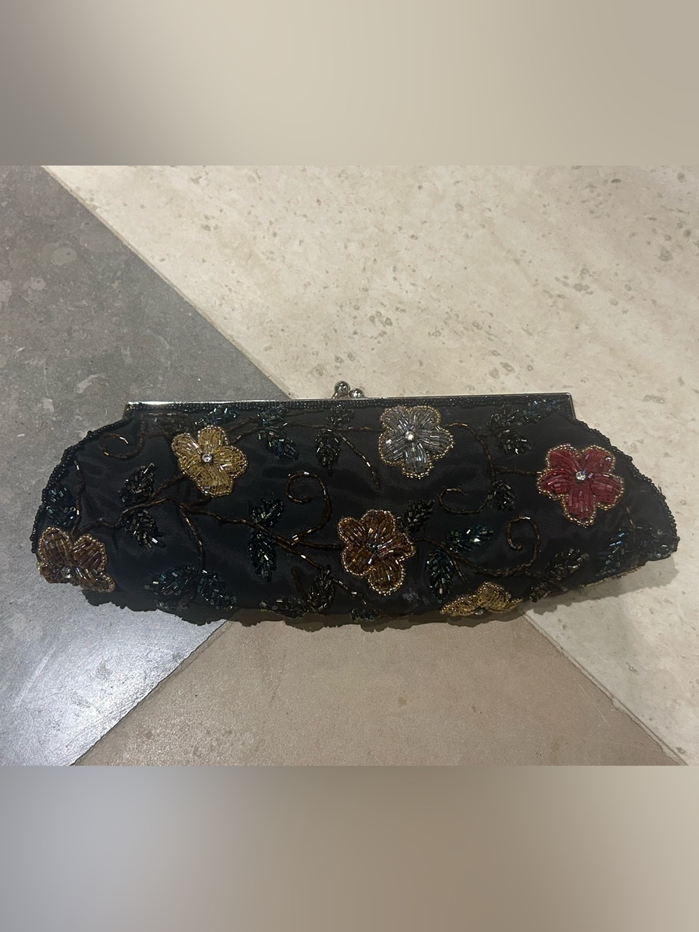 Embroidered Black Floral Beaded Clutch